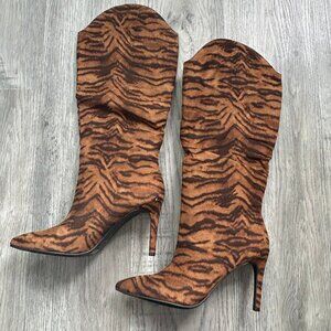 Tiger Print Stiletto Heel Pointed Toe Tall Boots Animal Pattern Pull-On Size 9